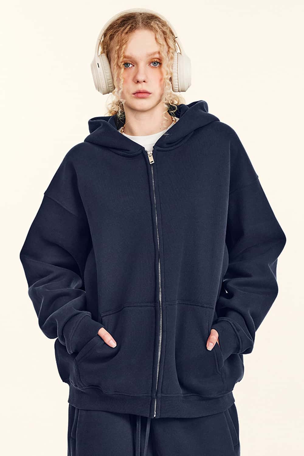 Thickened Fleece Zip-Up Hoodie - Midnight Blue