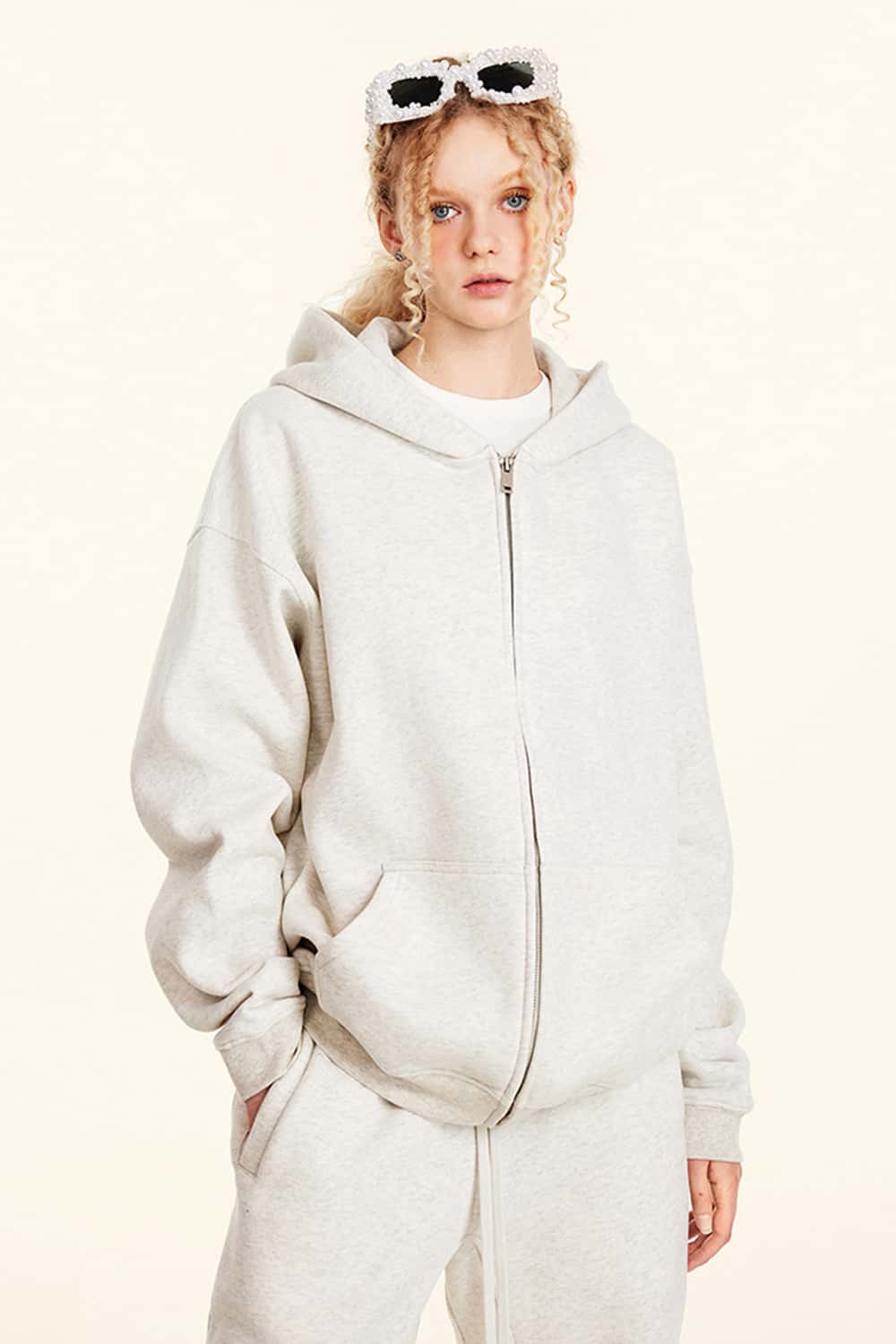 Thickened Fleece Zip-Up Hoodie - Oat Gray