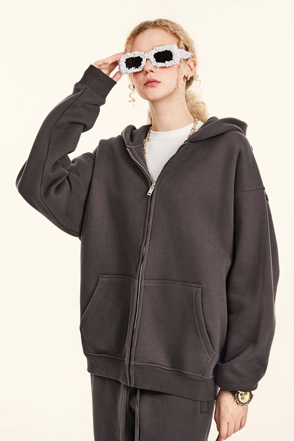 Thickened Fleece Zip-Up Hoodie - Plum Purple