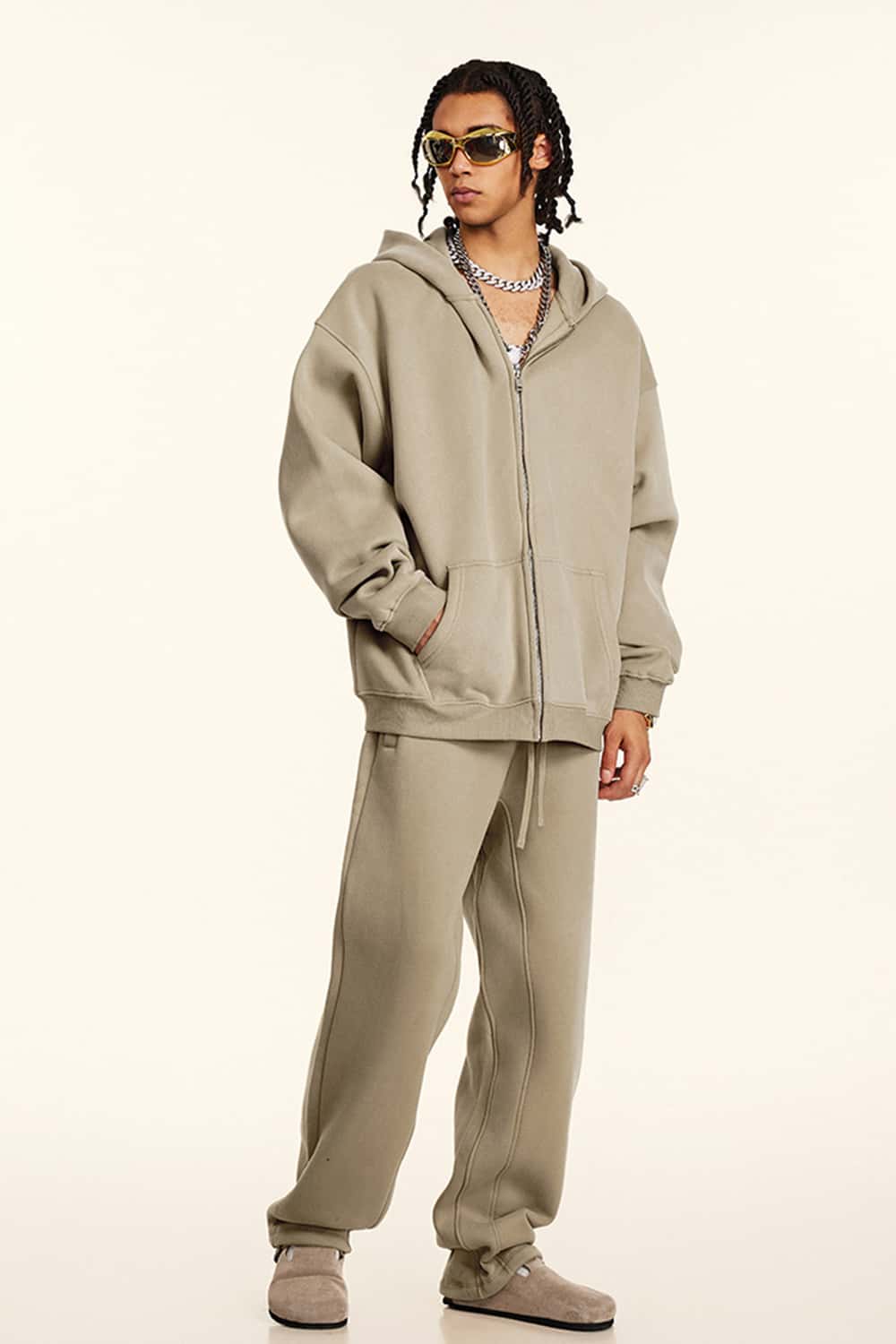 Thickened Fleece Zip-Up Hoodie - Sandy Dune