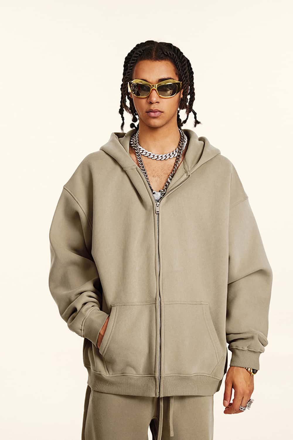 Thickened Fleece Zip-Up Hoodie - Sandy Dune