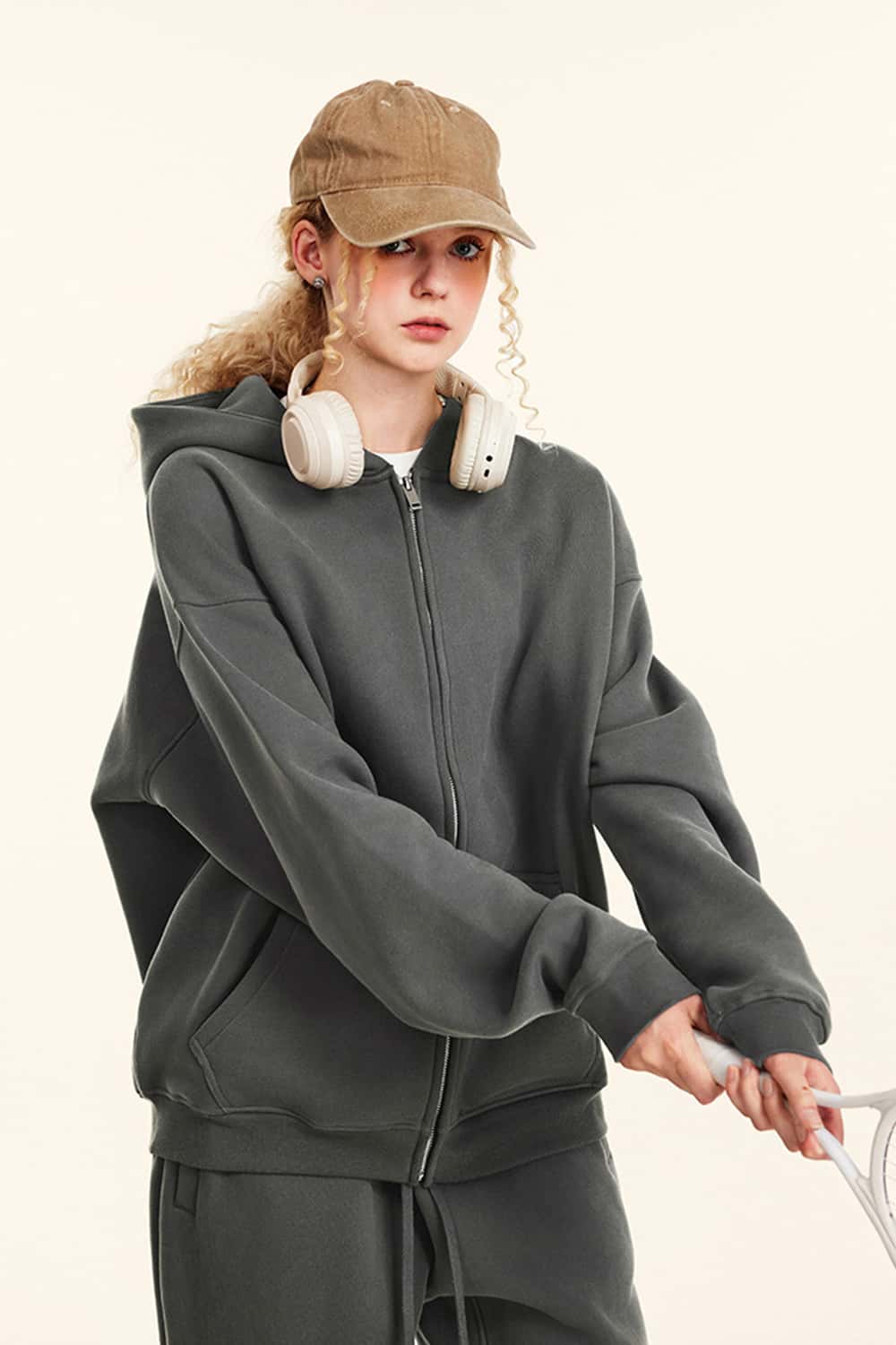 Thickened Fleece Zip-Up Hoodie - Vitex Ash