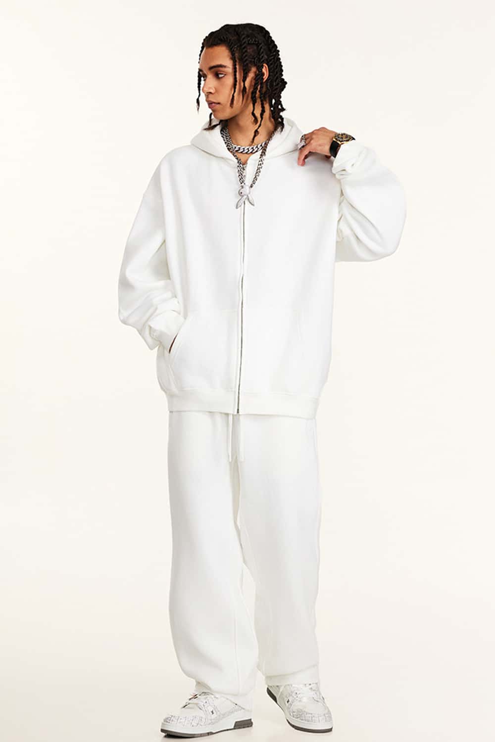 Thickened Fleece Zip-Up Hoodie - White