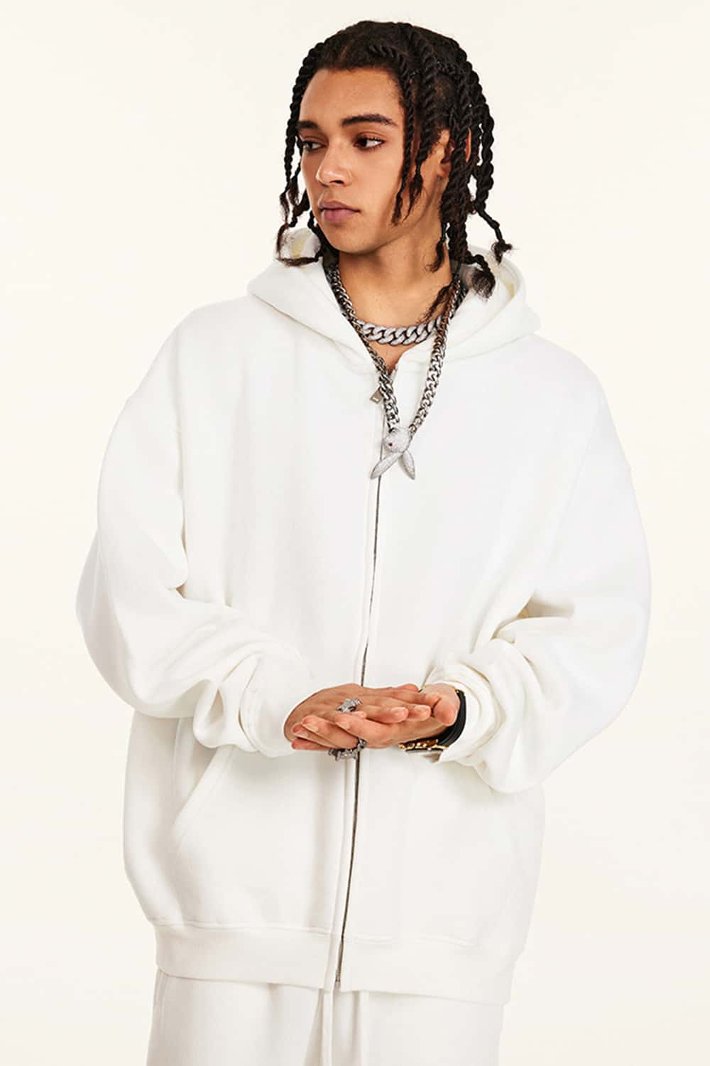 Thickened Fleece Zip-Up Hoodie - White