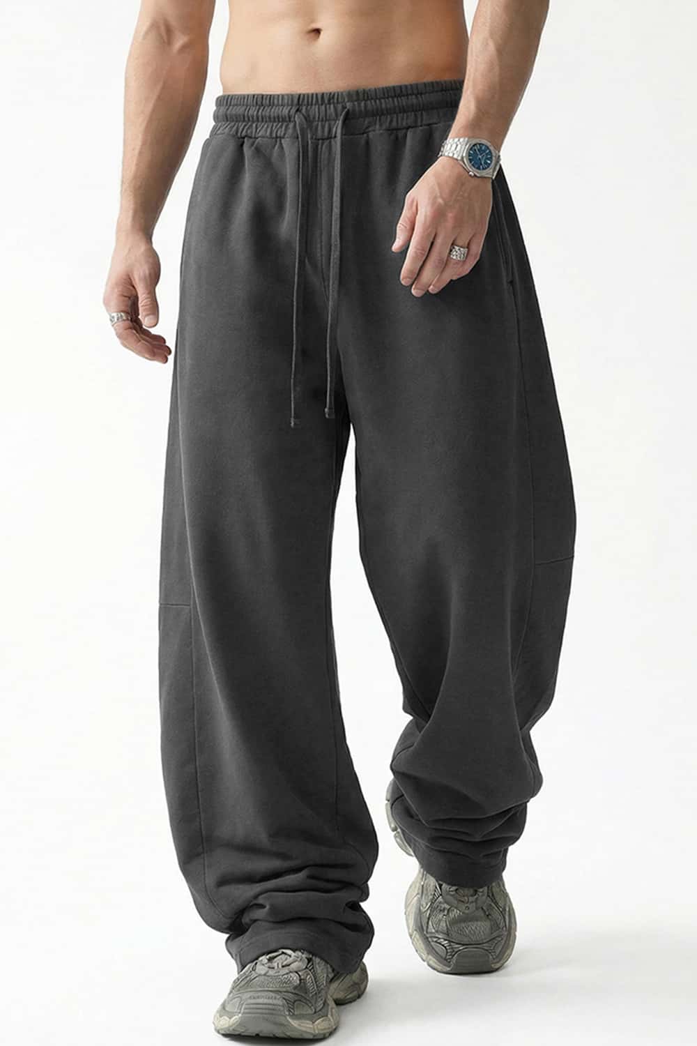 Washed Curved-Seam Straight-Leg Pants - Dark Gray