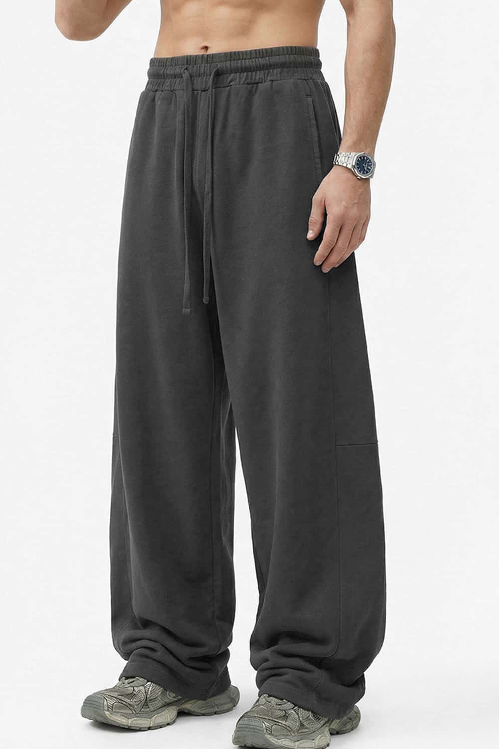 Washed Curved-Seam Straight-Leg Pants - Dark Gray