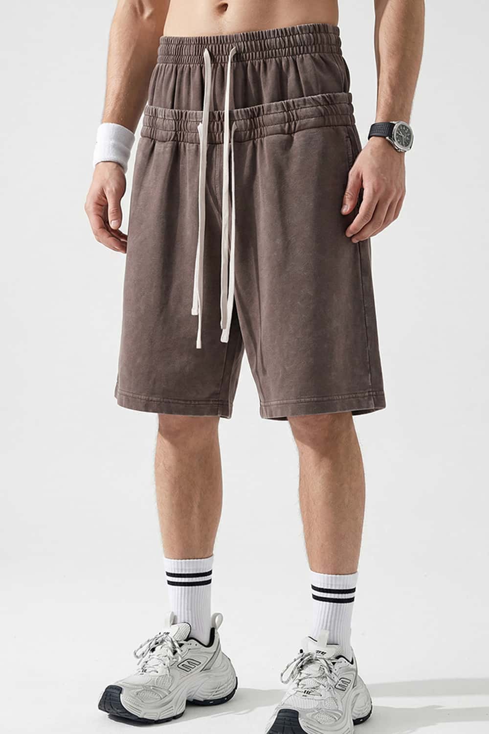Snow-Washed Double-Waistband Shorts - Brown