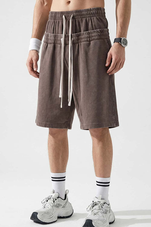 Snow-Washed Double-Waistband Shorts - Brown
