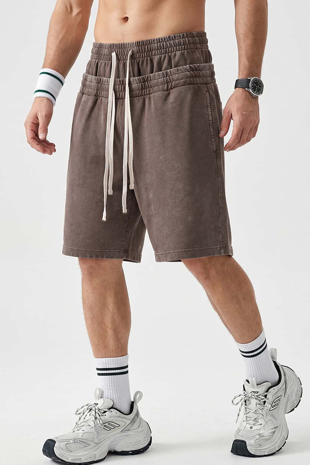 Snow-Washed Double-Waistband Shorts - Brown