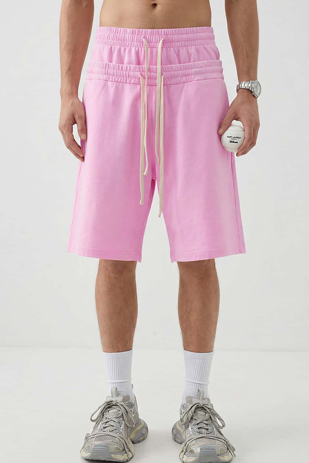 Snow-Washed Double-Waistband Shorts - Pink
