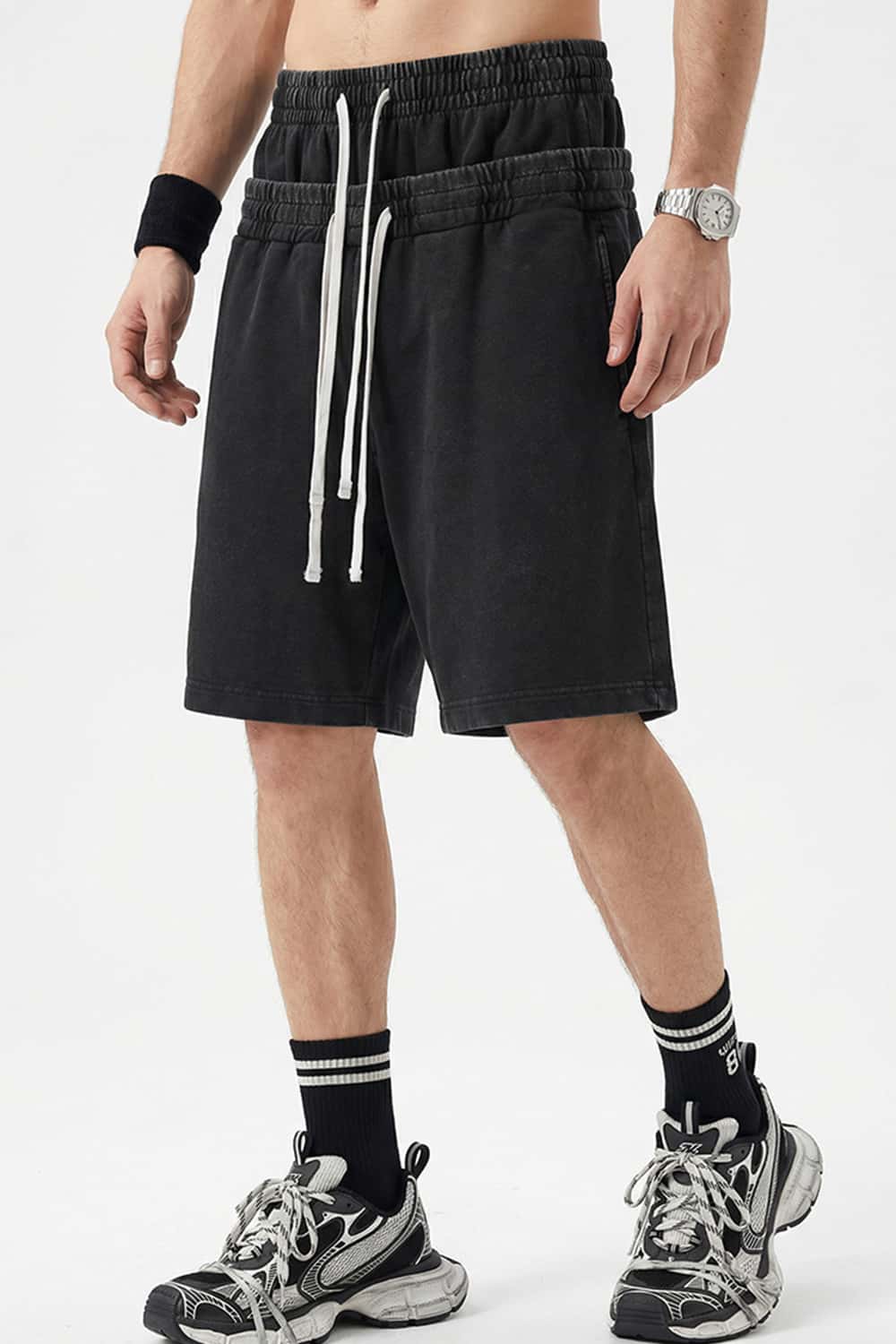 Snow-Washed Double-Waistband Shorts - Vintage Black