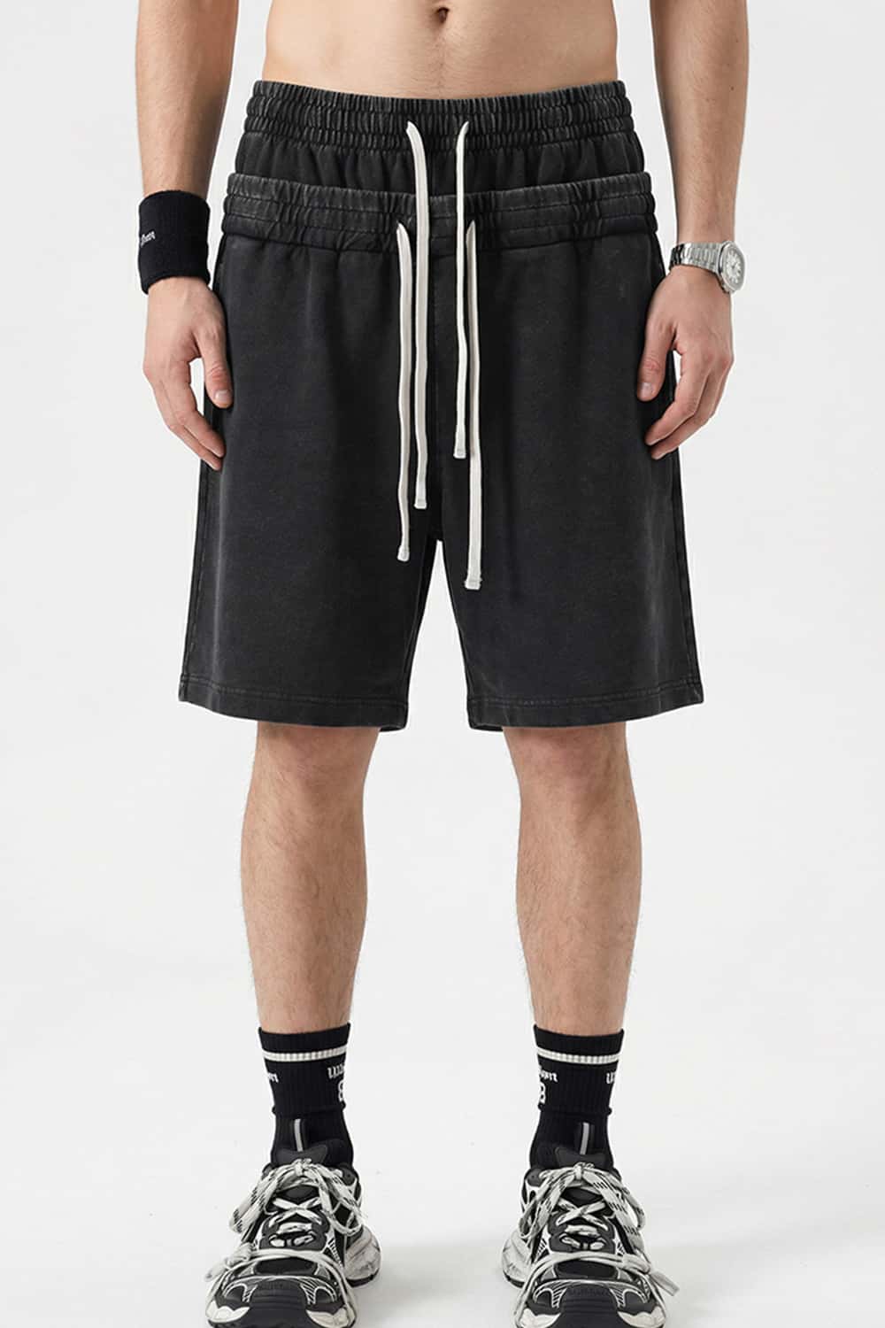 Snow-Washed Double-Waistband Shorts - Vintage Black