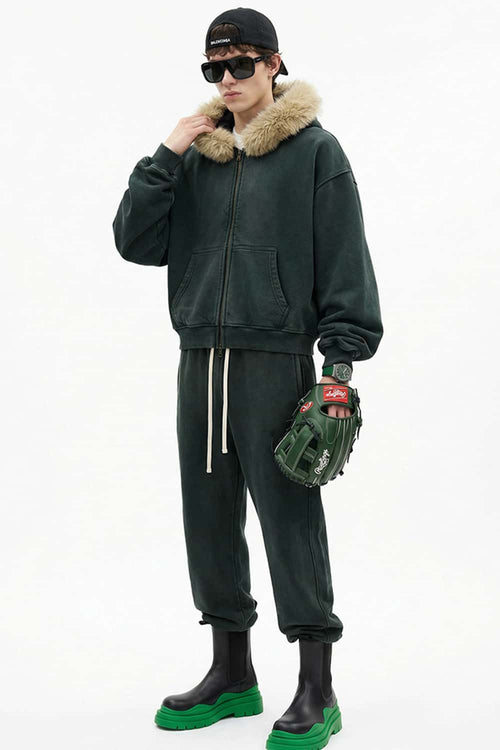 Washed Boxy Fleece Hooded Jacket - Blackish Green