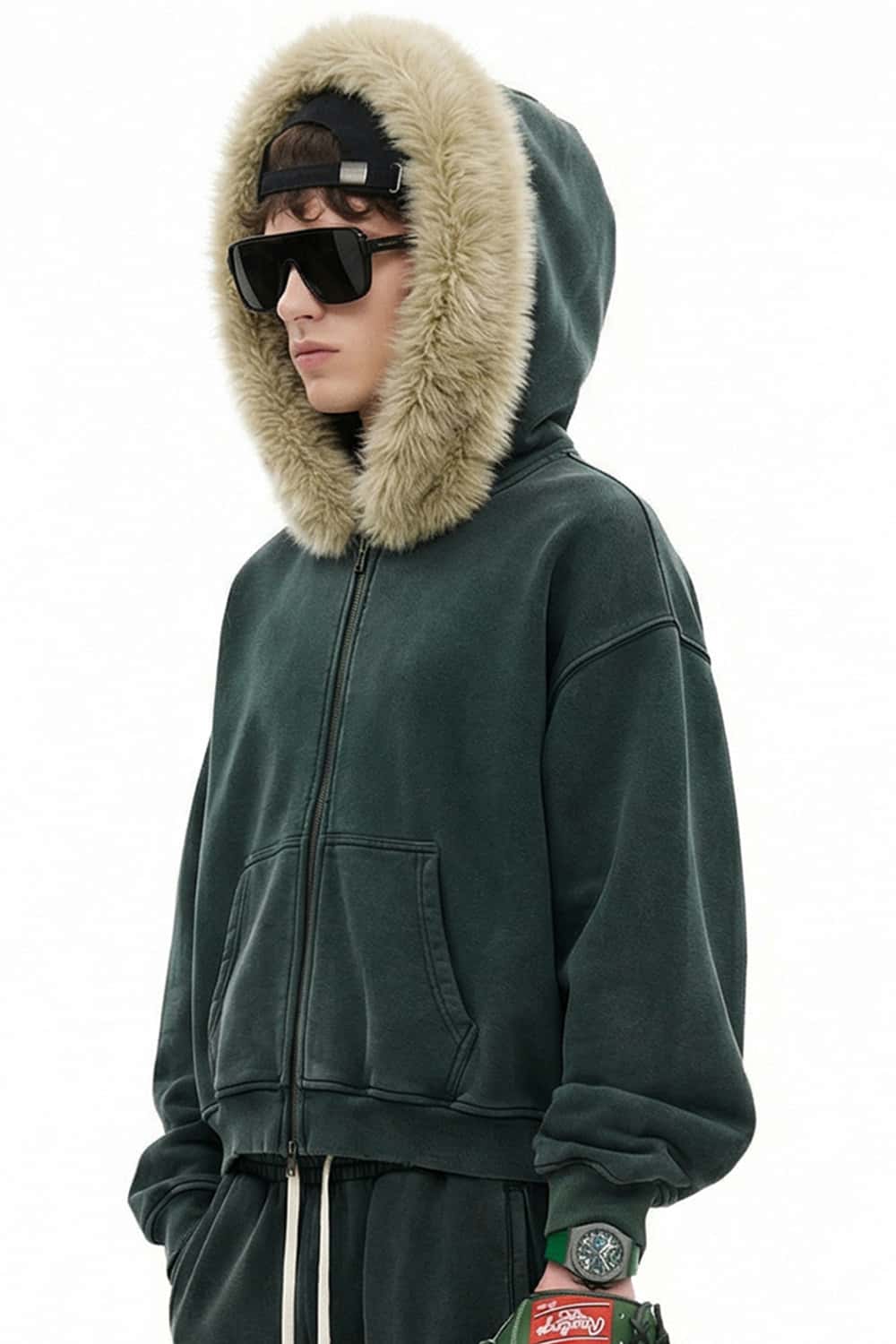 Washed Boxy Fleece Hooded Jacket - Blackish Green