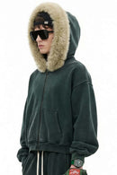 Washed Boxy Fleece Hooded Jacket - Blackish Green