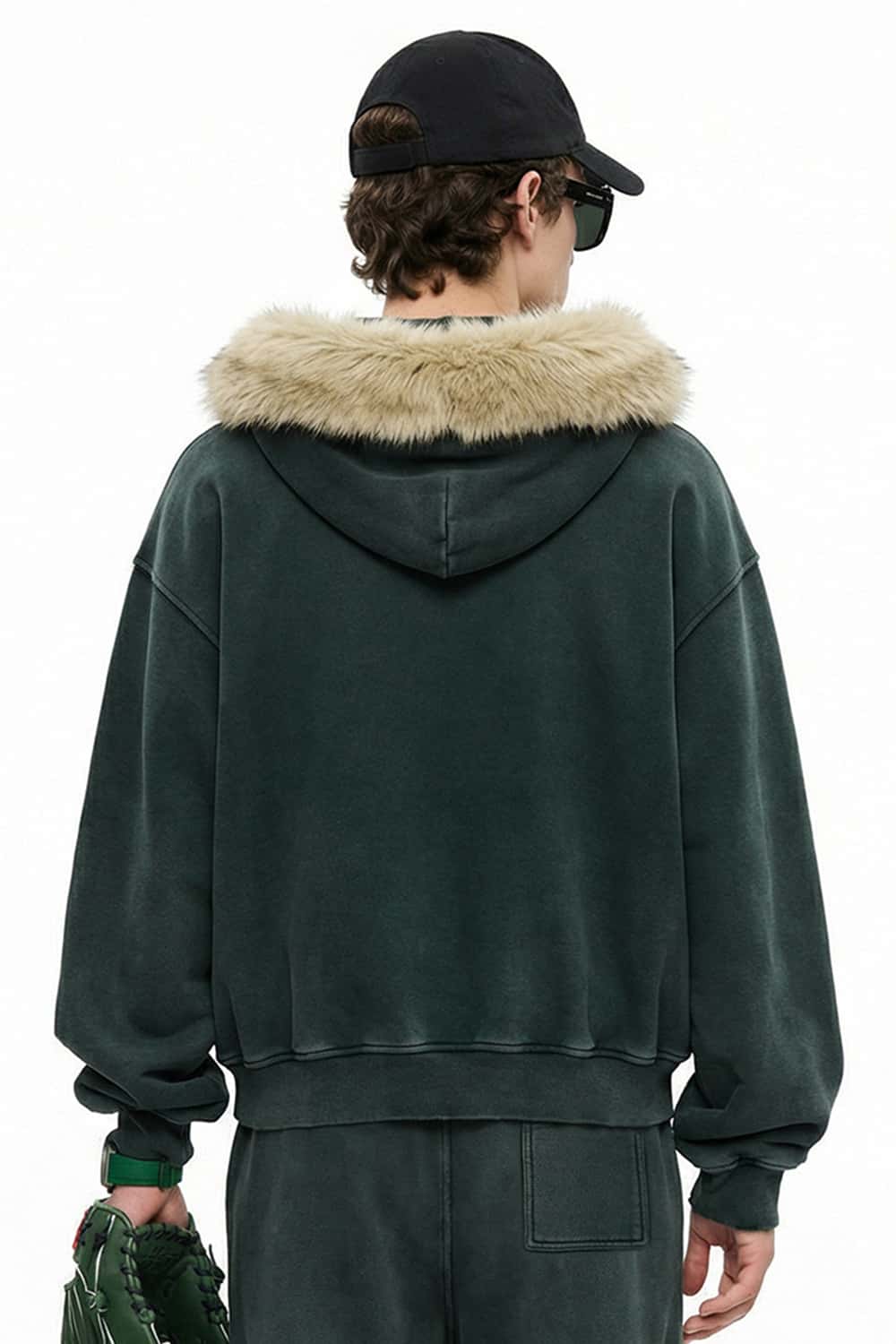 Washed Boxy Fleece Hooded Jacket - Blackish Green