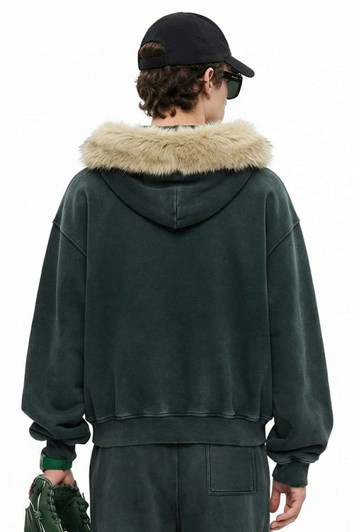 Washed Boxy Fleece Hooded Jacket - Blackish Green