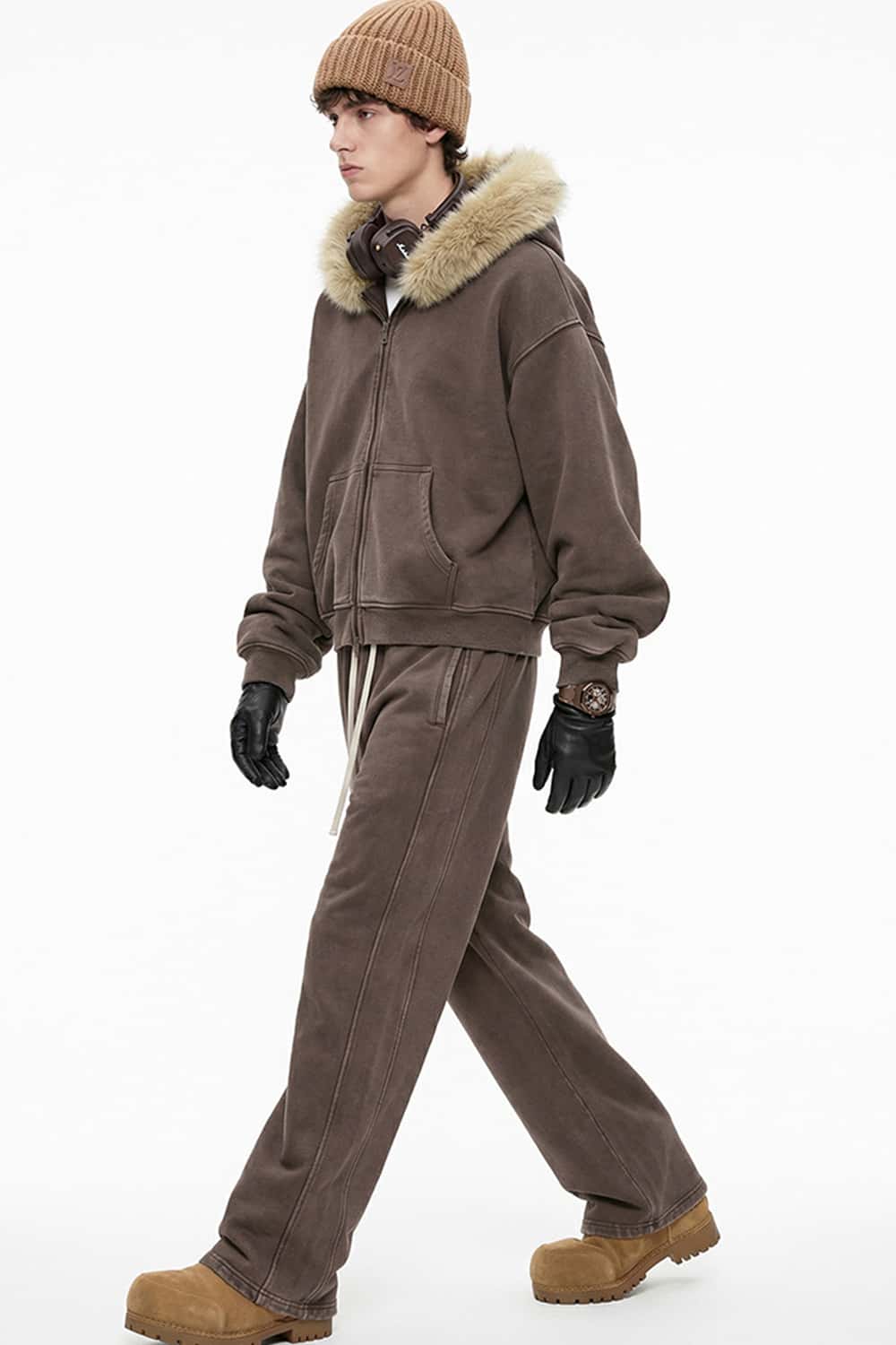 Washed Boxy Fleece Hooded Jacket - Dark Brown