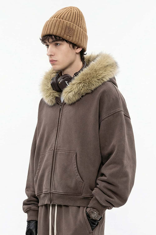 Washed Boxy Fleece Hooded Jacket - Dark Brown