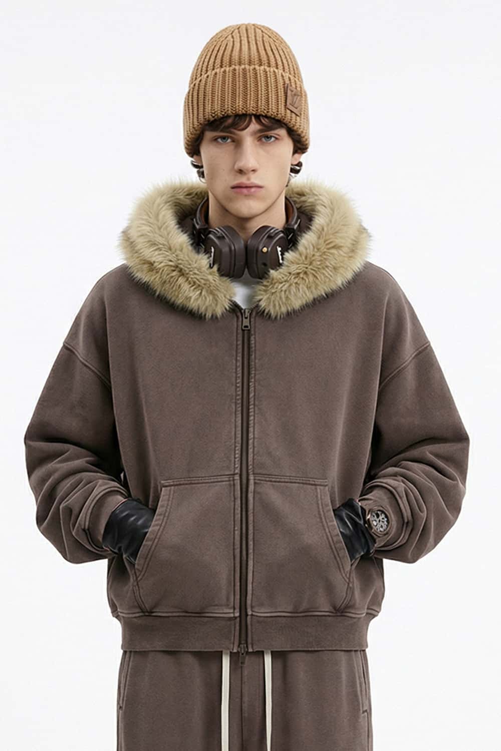 Washed Boxy Fleece Hooded Jacket - Dark Brown