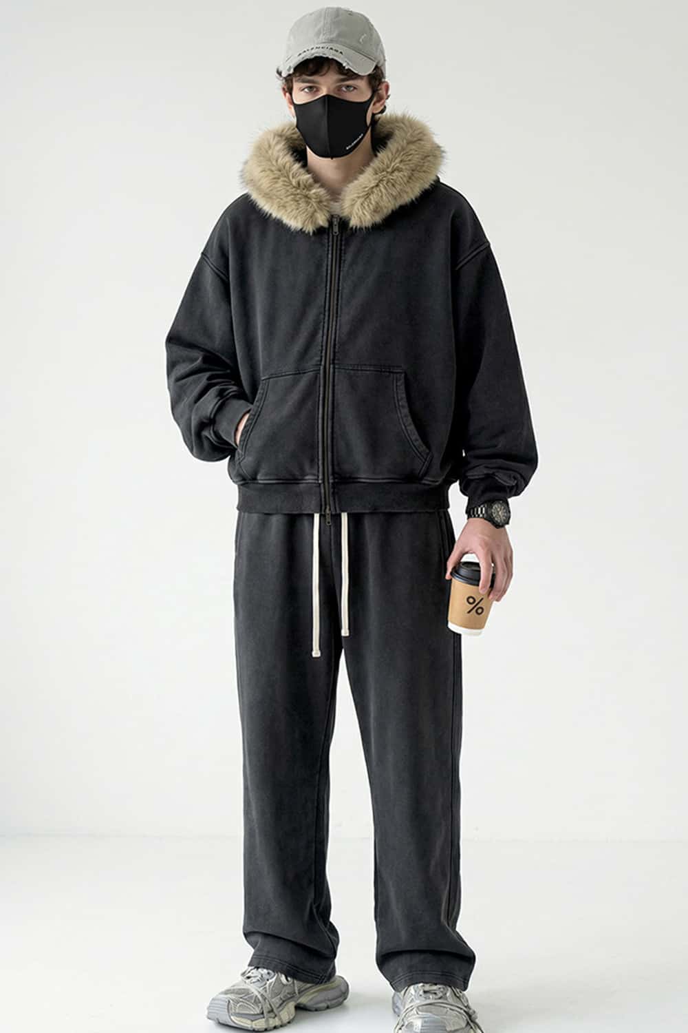 Washed Boxy Fleece Hooded Jacket - Dark Gray