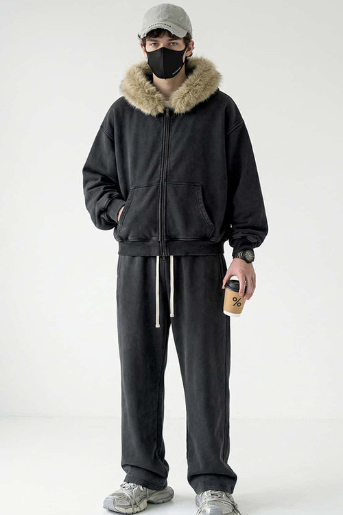 Washed Boxy Fleece Hooded Jacket - Dark Gray