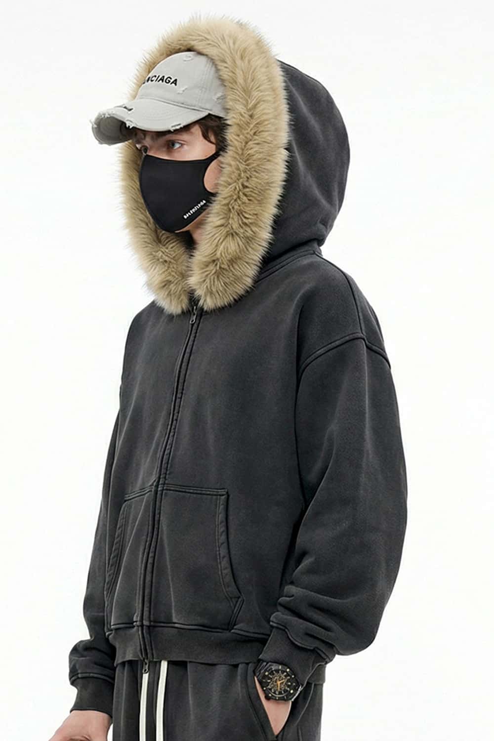Washed Boxy Fleece Hooded Jacket - Dark Gray