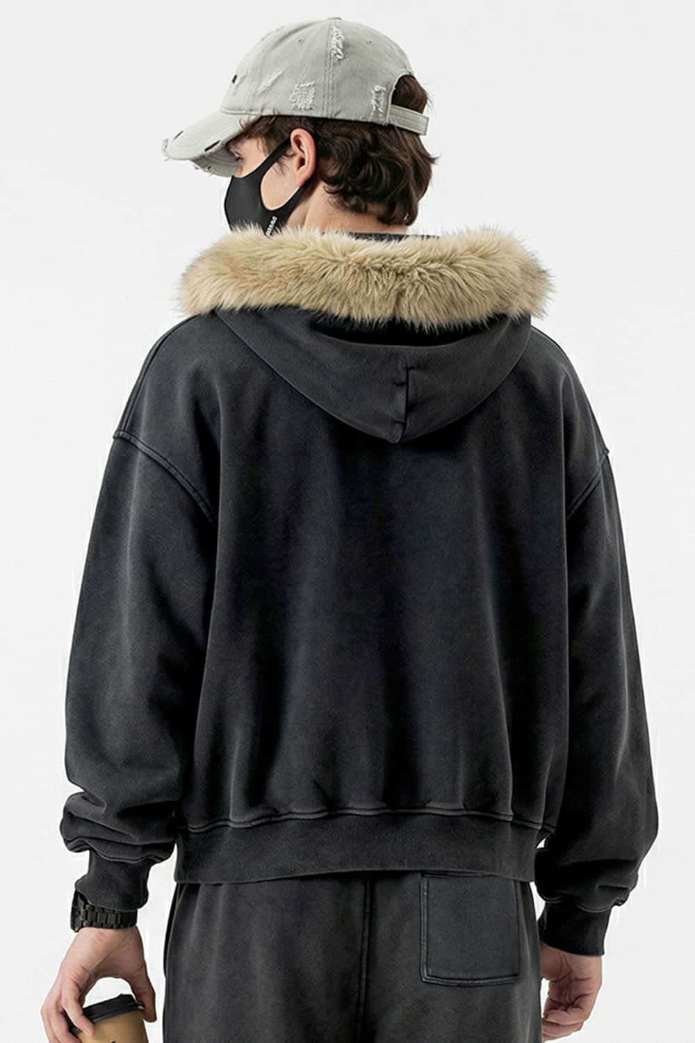 Washed Boxy Fleece Hooded Jacket - Dark Gray