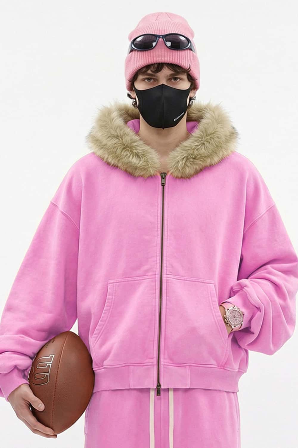 Washed Boxy Fleece Hooded Jacket - Pink