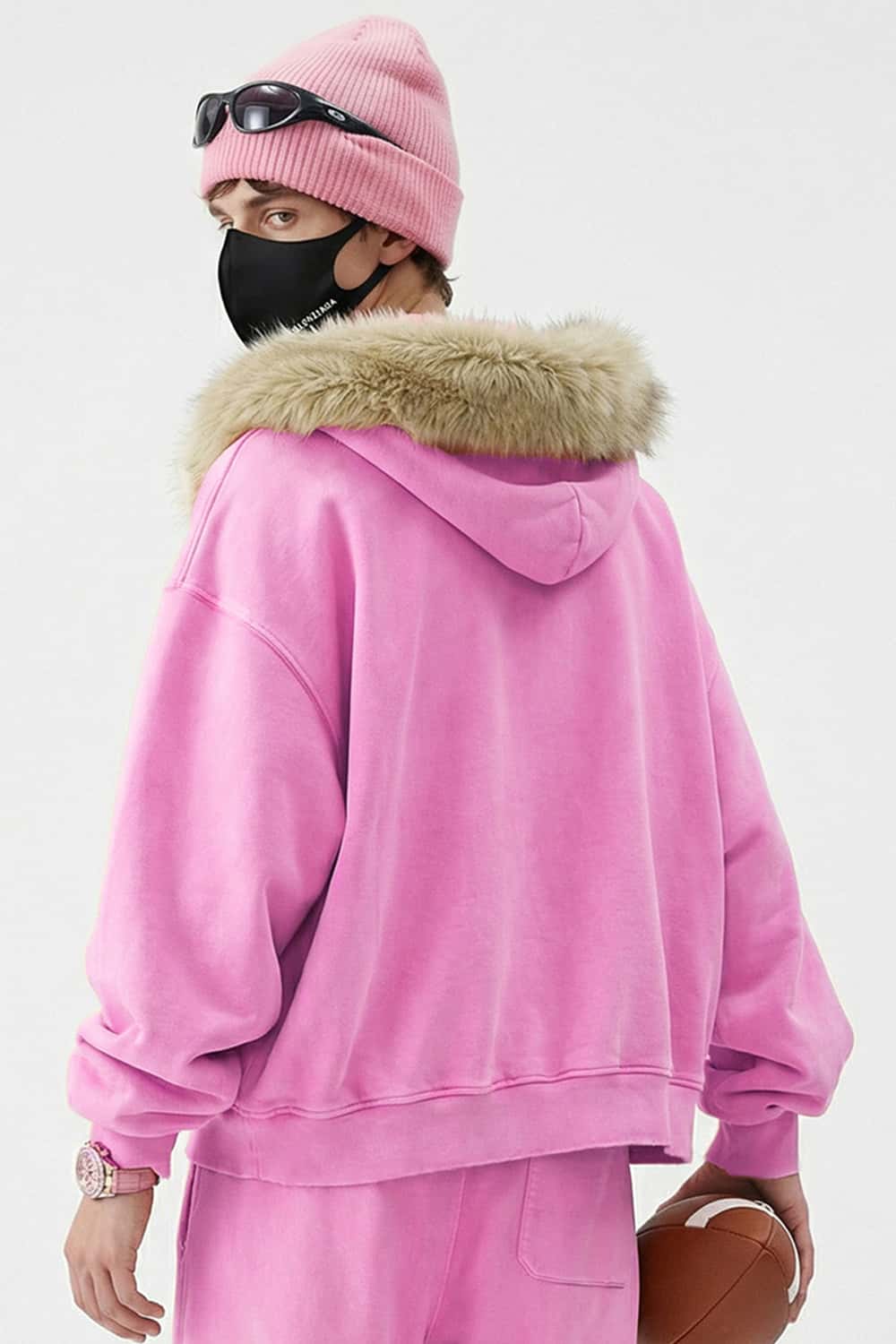 Washed Boxy Fleece Hooded Jacket - Pink
