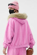 Washed Boxy Fleece Hooded Jacket - Pink