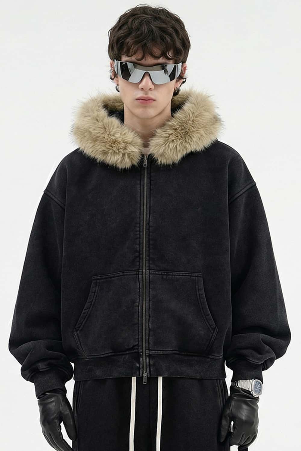 Washed Boxy Fleece Hooded Jacket - Vintage Black