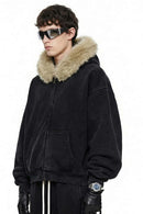 Washed Boxy Fleece Hooded Jacket - Vintage Black