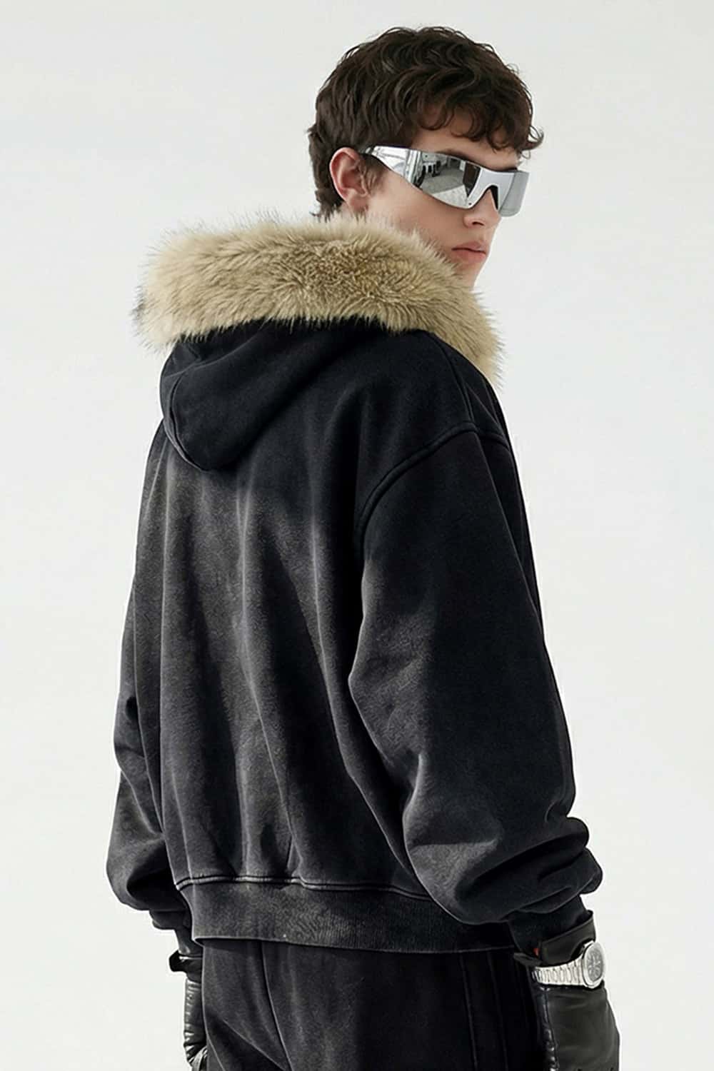 Washed Boxy Fleece Hooded Jacket - Vintage Black