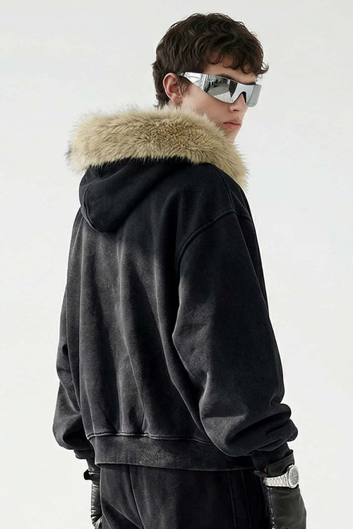 Washed Boxy Fleece Hooded Jacket - Vintage Black
