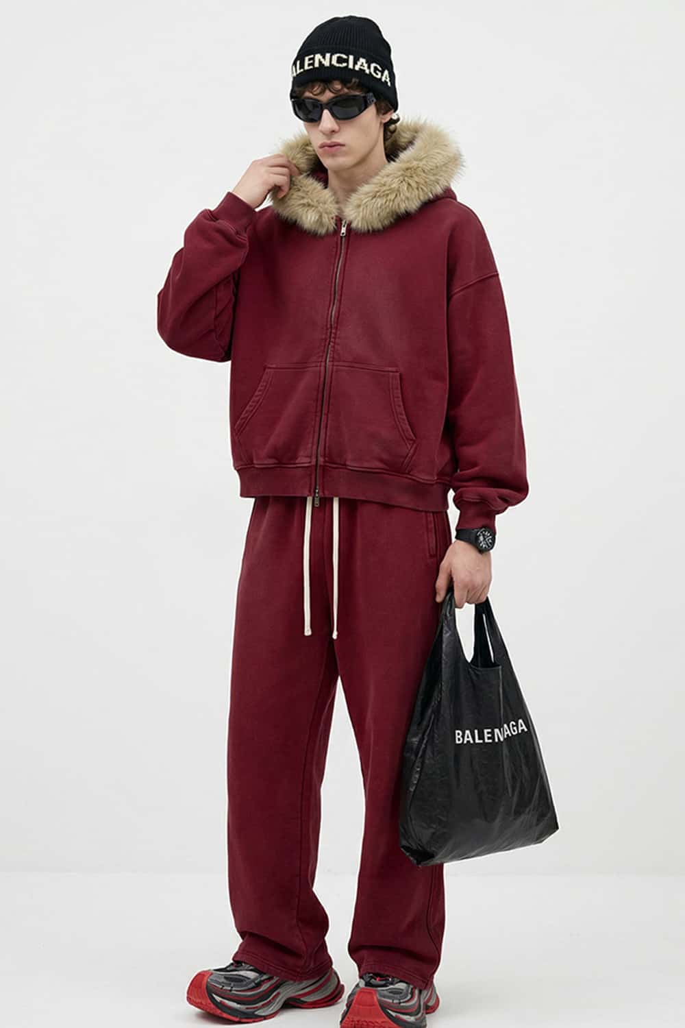 Washed Boxy Fleece Hooded Jacket - Vintage Red