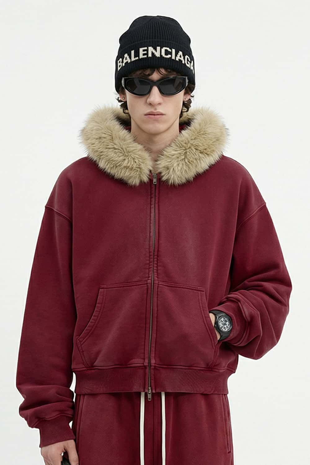 Washed Boxy Fleece Hooded Jacket - Vintage Red