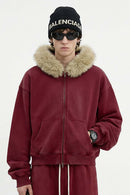 Washed Boxy Fleece Hooded Jacket - Vintage Red
