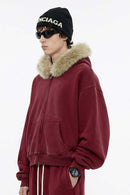 Washed Boxy Fleece Hooded Jacket - Vintage Red