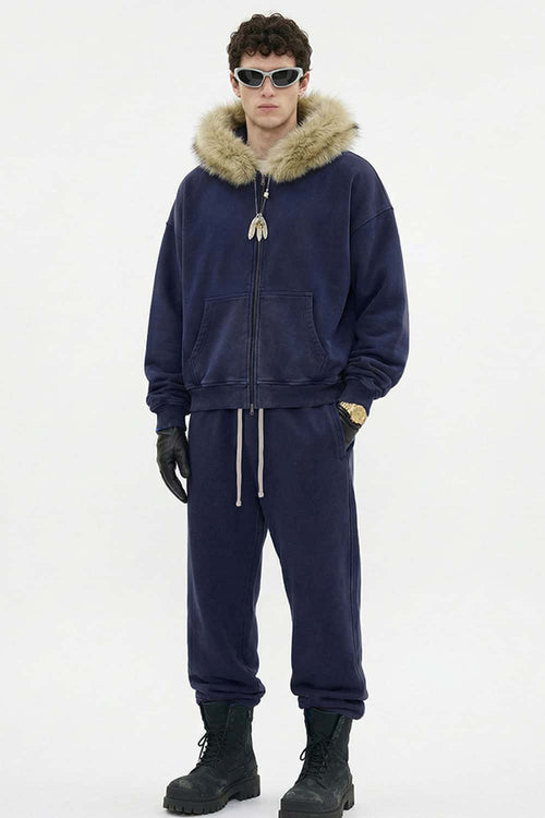 Washed Boxy Fleece Hooded Jacket - Vintage Royal Blue