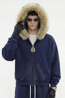 Washed Boxy Fleece Hooded Jacket - Vintage Royal Blue