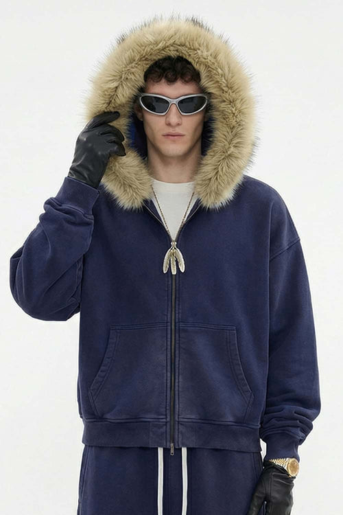 Washed Boxy Fleece Hooded Jacket - Vintage Royal Blue