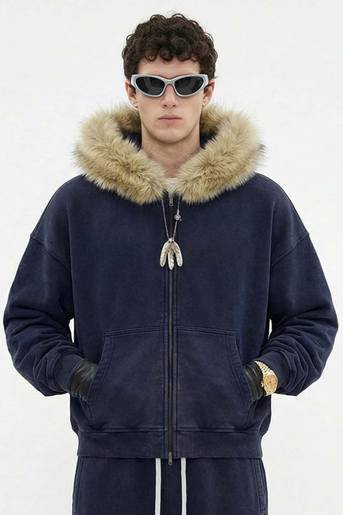 Washed Boxy Fleece Hooded Jacket - Vintage Royal Blue