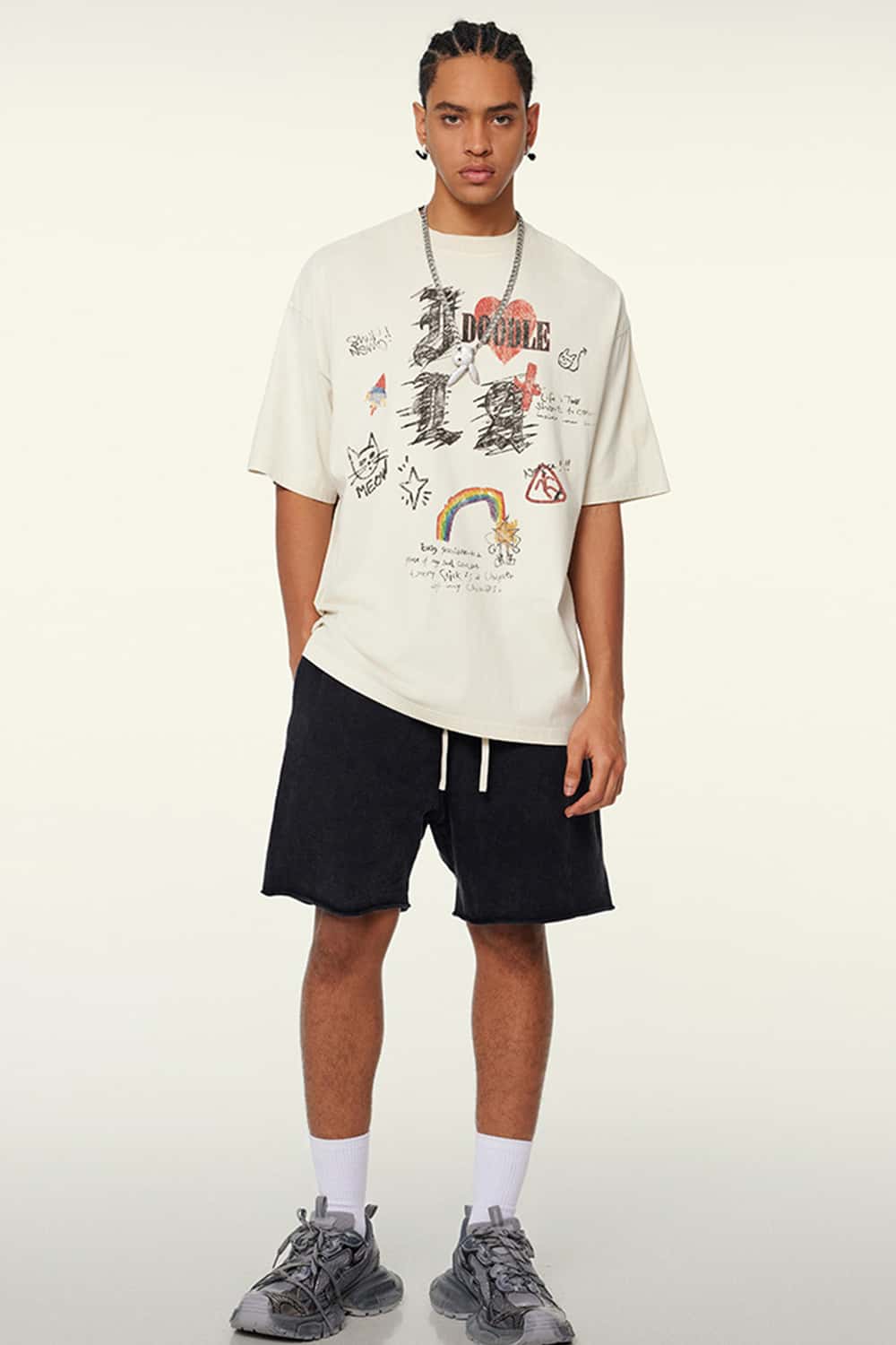 Distressed Eye Graphic Boxy Tee - Gray Apricot