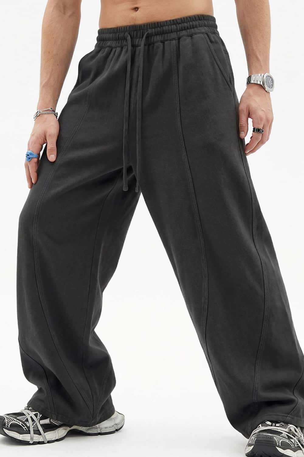 Washed Curved-Seam Loose Pants - Dark Gray