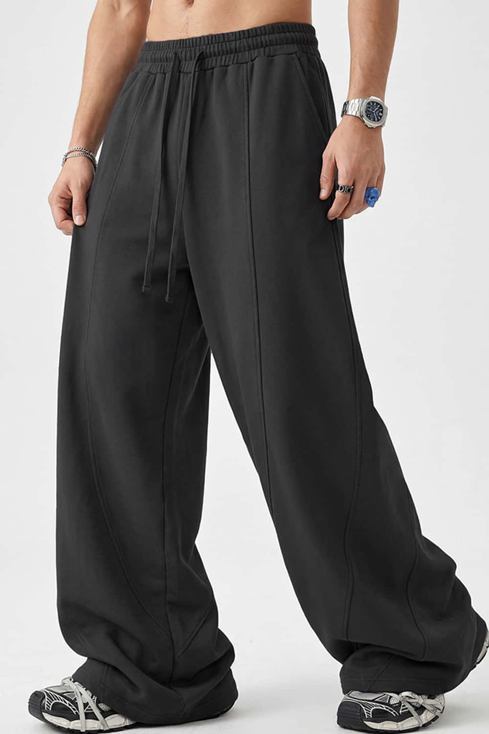 Washed Curved-Seam Loose Pants - Dark Gray