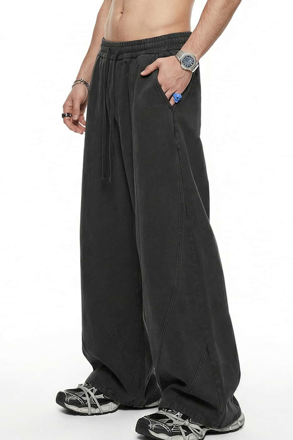 Washed Curved-Seam Loose Pants - Dark Gray