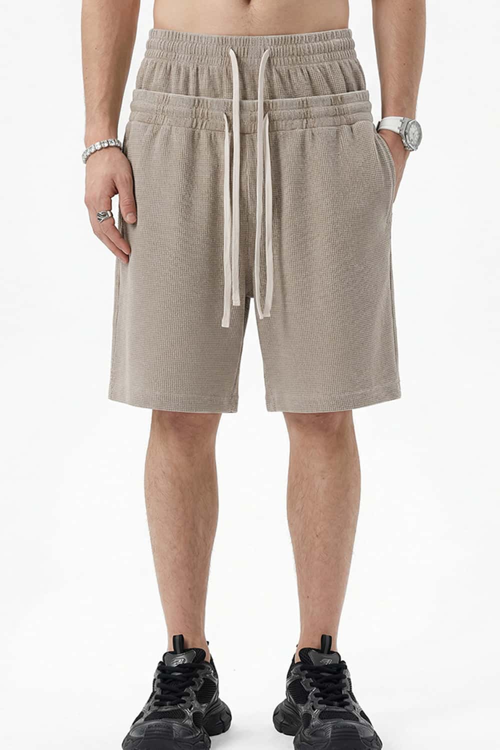 Snow-Washed Waffle Drawstring Shorts - Brown