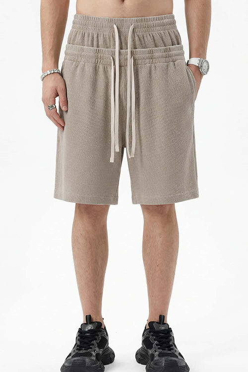 Snow-Washed Waffle Drawstring Shorts - Brown