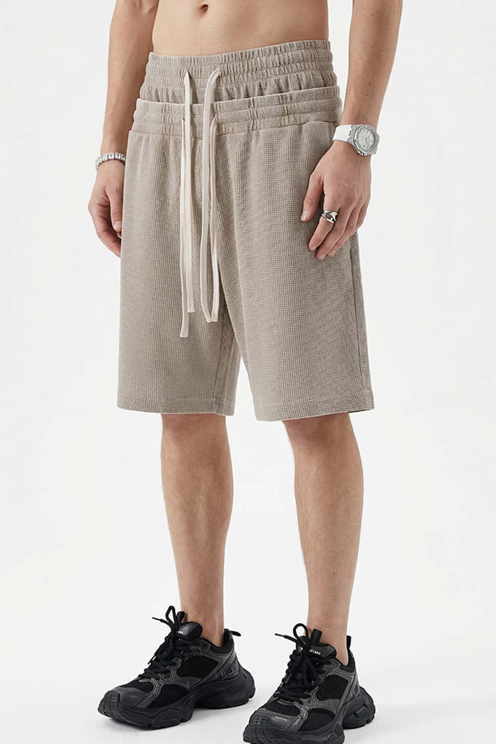 Snow-Washed Waffle Drawstring Shorts - Brown